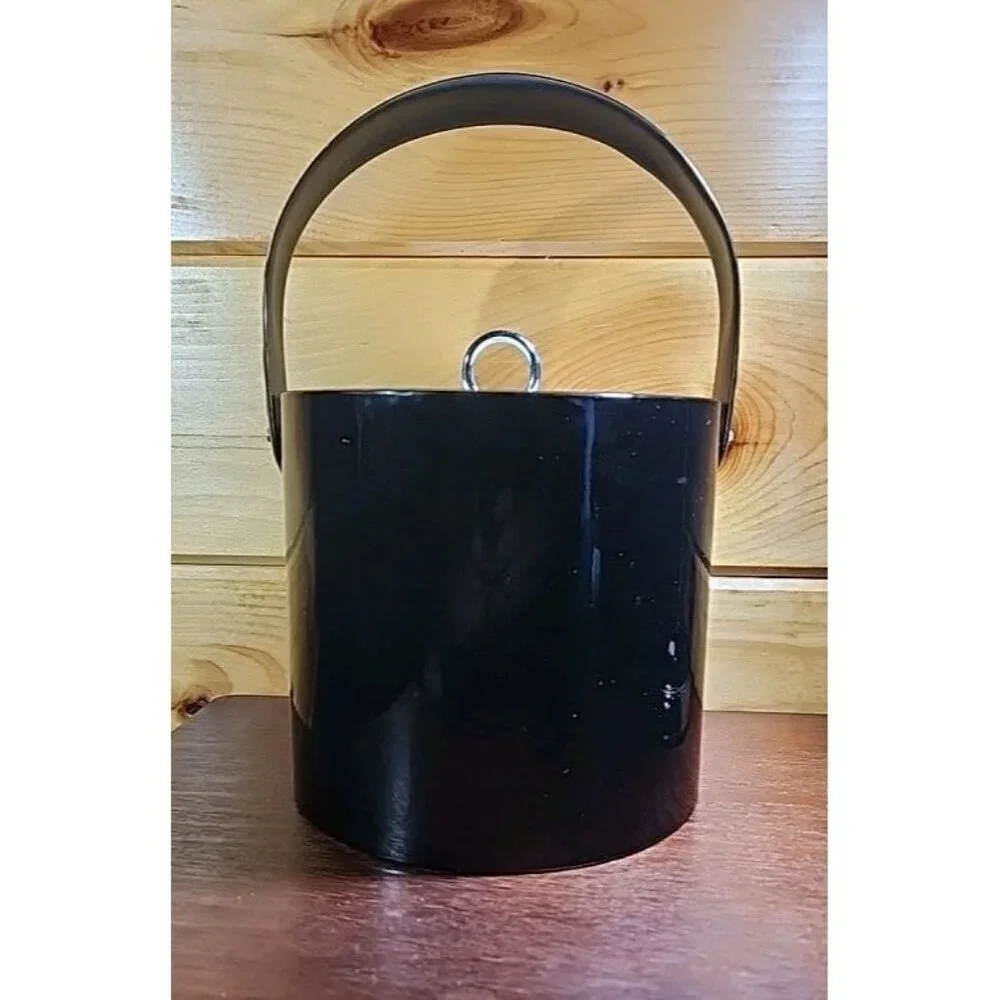 Georges Briard Black Faux Leather Ice Bucket Vintage 1960’s Lucite Lid U.S.A.